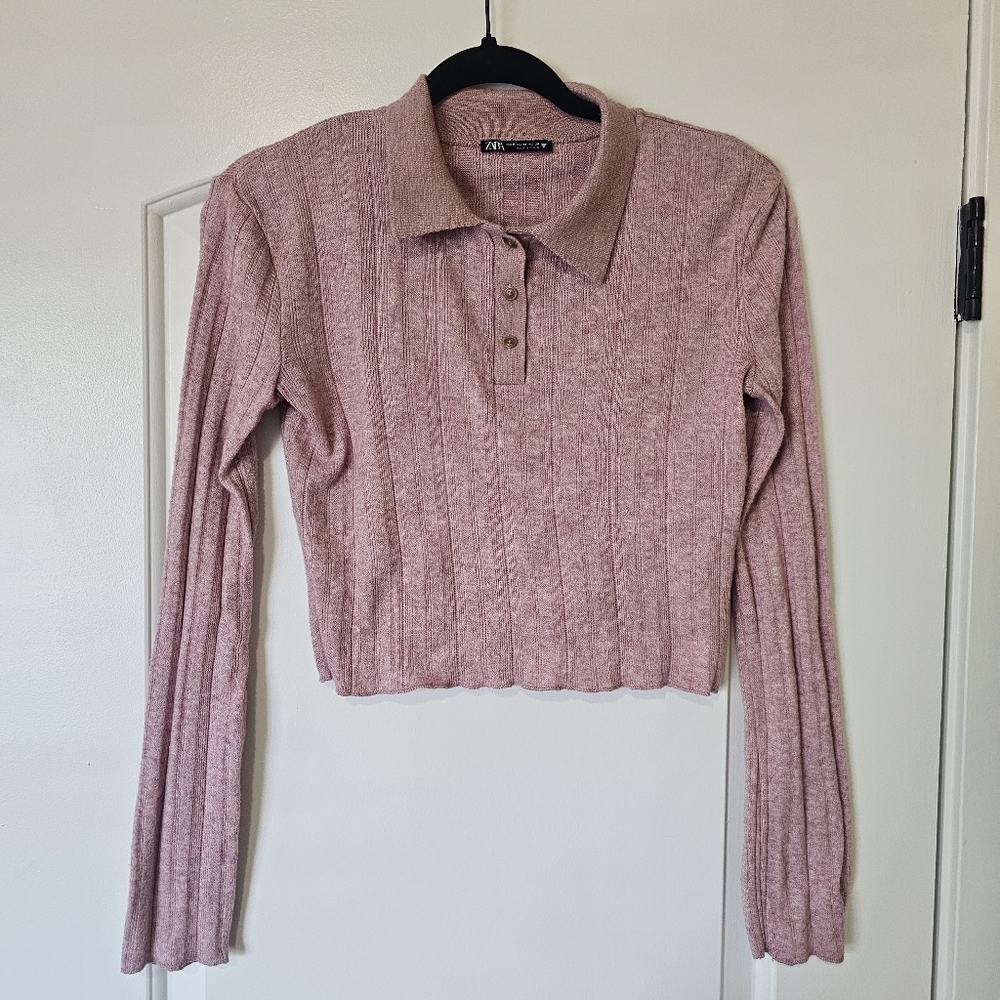 Zara Womens Soft Feel Polo Top Sweater Long Sleeve M Baby Dusty Rose Cropped sch